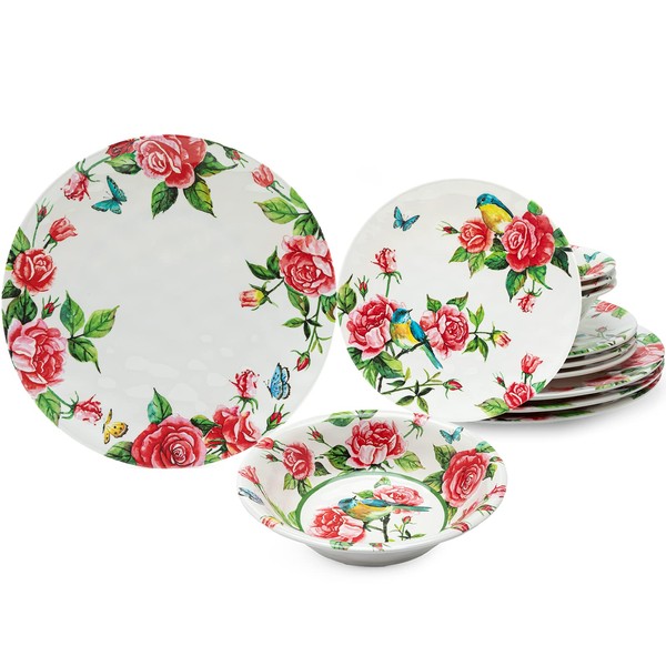 LEHAHA Melamine Dinnerware Set, Rose 12-Piece Plates and Bowls Sets, Chip & Break Resistant Dishes Set for 4, Red Floral Dinner Plates, Salad, Bowls, Indoor Outdoor Use