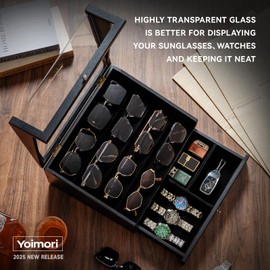 Yoimori Sunglasses Organizer for 14 Pairs, Wooden Sunglass Organizer for Women Men, Multiple Pairs of Sunglasses Glasses Holder Storage Display Case with Clear Lid & Drawer (Black)