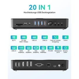 Yottamaster -SG20 USB C Docking Station 4 Monitors, 20 in 1 Docking Station USB C Adapter with 2 DP, 4K @ 60Hz HDMI, VGA, PD60W, 10Gbps USB 3.2, USB 3.0 & 2.0, Ethernet, SD/TF, 2 in 1 Audio/Mic,