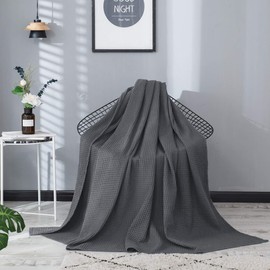 PHF 100% Organic Cotton Waffle Weave Blanket Twin Size 66"x90"-Pre-Washed Soft Lightweight Breathable Blanket for All Season-Perfect Blanket Layer for Couch Bed Sofa -Elegant Home Decoration-Charcoal