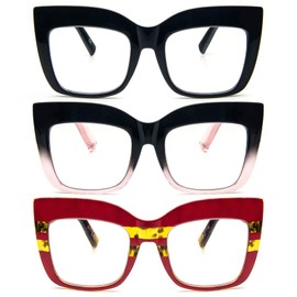 REAVEE 3 Pack Oversized Reading Glasses for Women Thick Large Frame Blue Light Blocking Stylish Computer Readers Spring Hinge,Black Pink Red 2.75