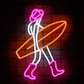 Cowgirl Surfing Neon Sign Surfer Cowgirl Neon Light Cowboy Girl Surfboard LED Neon Sign for Wall Decor Dimmable Surf Board LED Neon Light for Bar Restaurant Music Concert Man Cave Wall Art 12.6*16.1IN