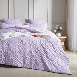Luowei Seersucker Bed Linen 135 x 200 cm Summer Stripes Textured Microfibre Duvet Cover 2-Piece with Pillowcase 80 x 80 cm Lightweight Soft Breathable Oeko-Tex Bedding Sets Purple with Zip