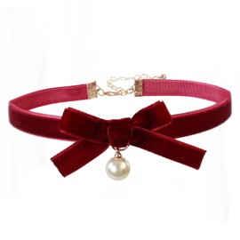 Bow Necklace for Women Red Bow Choker Red Ribbon Necklace Pearl Pendant Necklace Cute Bow Knot Necklace for Christmas Gifts (Red)