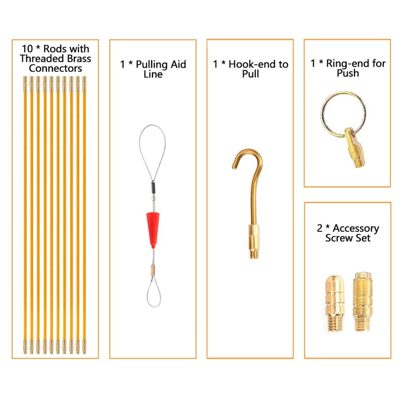 Cabling Rods, Fiberglass Electrical Connectable Fish Tape Pull Kit, 10Rods