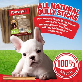 Powerpet 100% Natural Steer Stick - High Protein Bully Stick, Low Fat, Healthy Dog Treats, Long-Lasting Dog Chews, Easily Digestible, Cleans Teeth, Low Odor, for All Breeds & Sizes, 6" - 50 Count