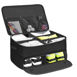 Golf Trunk Organizer, 2-Layer Waterproof Storage Locker with 2 Shoe Compartment, Black, 13x17x10 Inch, for Golf Equipment, Balls, Tees, Clothes