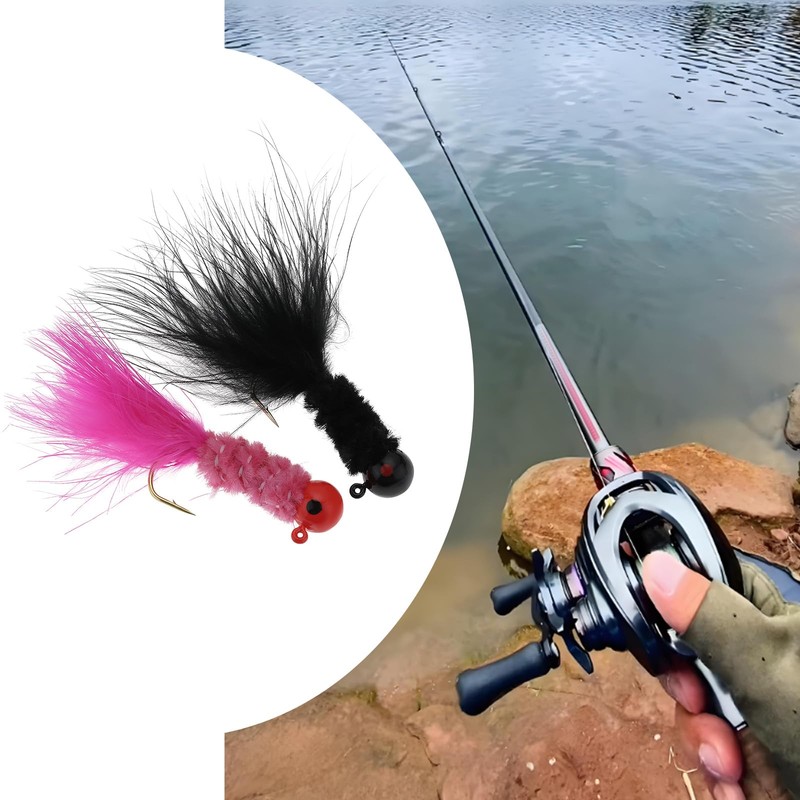 Briny River 30Pcs Feather Jig Head Hook Crappie Jigs Fishing