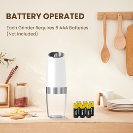 KIARYUOLL Gravity Electric Salt And Pepper Grinder Set, Automatic Salt And Pepper Grinder Set, Battery Powered (6 AAA Batteries Each), Adjustable Roughness, LED Light, 2 Pack, (White)