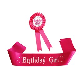 IRYNA 2 Pcs Birthday Decoration for Girls Includes Birthday Girl Award Ribbon Badge and Pink Birthday Girl Sash for Girl Party Supplies