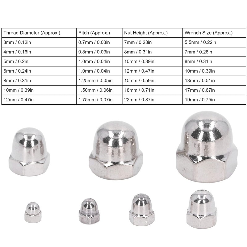 50Pcs Stainless Steel Acorn Cap Nut, Hex Dome Cap Assortment