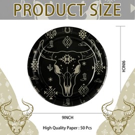 Grencian 50Pcs Bull Skull Decorations 9in Heavy Duty Disposable Western Cow Skull Desert Paper Plates For Southwestern Cowboy Party Supplies