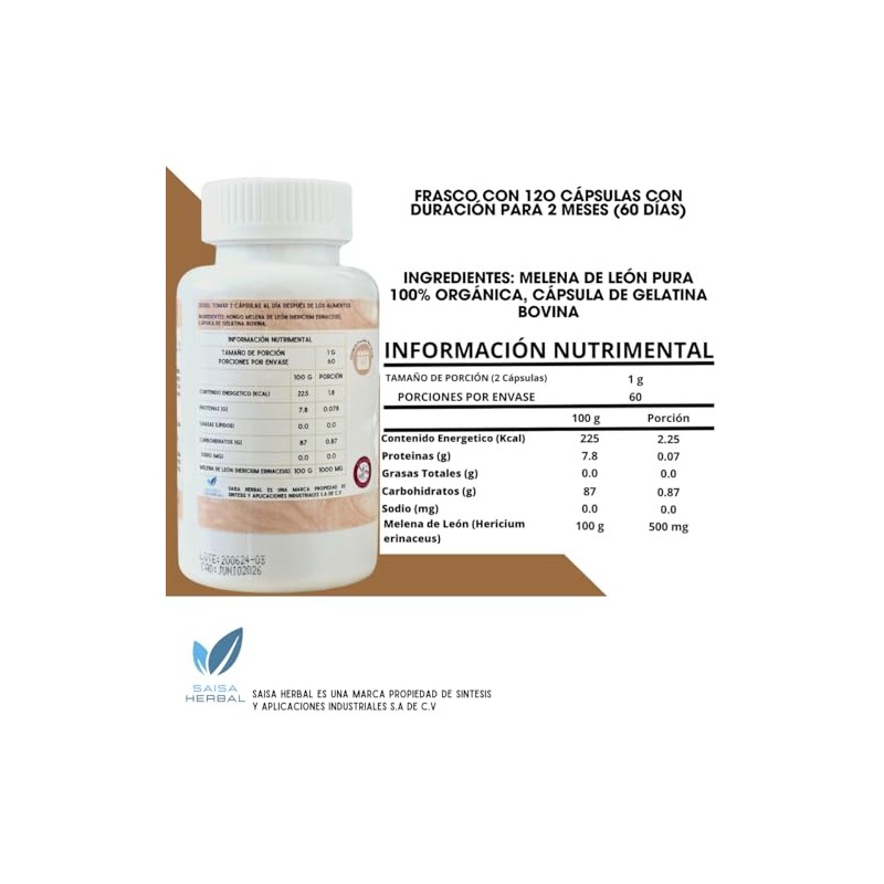 Melena De León 100 Pura Premium 240 Cápsulas De 500