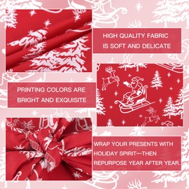 RUSPEPA 26" Reusable Christmas Cloth Wrap, 1 Fabric Wrap with Red and White Santa Sleigh, Reindeer and Pine Tree Design on Natural Cotton, Classic Reusable Gift Wrapping for Holiday, Winter Gifts