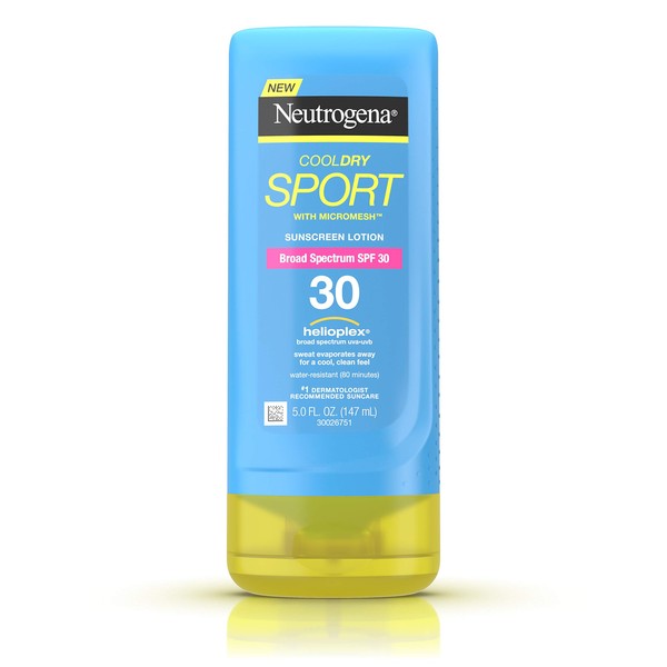 Neutrogena CoolDry Sport Sunscreen Lotion with Broad Spectrum SPF 30, Cooling Sweat- & Water-Resistant Sunscreen with Oil- & PABA-Free Formula, 5 fl. oz
