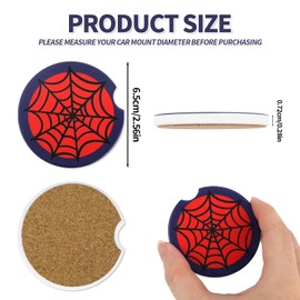 2pcs Red Spider Web Car Coasters, Non-Scratch Cork Base Cup Holder Insert Coasters Spider Theme Car Coaster Non-Slip Cup Mat for Men & Women