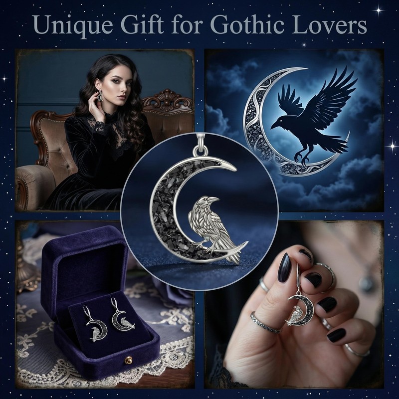 ONEFINITY Crow Earrings 925 Sterling Silver Black Moon Ravon Dangle