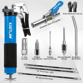 KRETLAW Grease Gun, 7000 PSI Heavy Duty Professional Pistol Grip Grease Gun Kit 14 OZ with Coupler, Double Grease Injector Needles, 18" & 2pc 12" Flex Hoses and Reinforced Glove