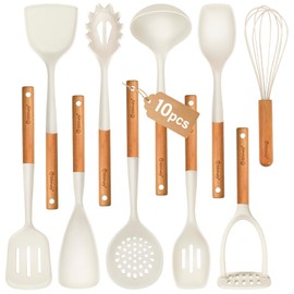 Silicone Cooking Utensils Set, 10Pcs Nonstick Kitchen Utensil Set with Wooden Handle, Heat Resistant Silicone Utensils for Cooking, BPA Free Spatula Set with Turners Spoon Ladle Skimmer(White)