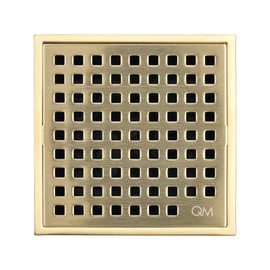 QM Square Shower Drain, Grate made of Stainless Steel Marine 316 and Base made of ABS, Lagos Series Mira Line, 4 inch, Satin Gold Finish, Kit includes Hair Trap/Strainer and Key
