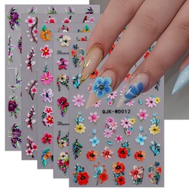 JMEOWIO 6 Sheets Flower Nail Art Stickers Decals Self-Adhesive Spring Summer Floral Nail Supplies Nail Art Design Decoration Accessories