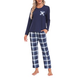 MoFiz Women's Pajama Set Long Pajama Bottom Sleepwear Pjs Nightwear Short Top Plaid59 M