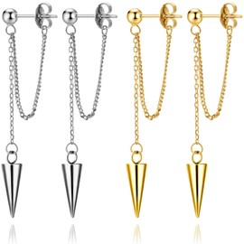 Fiklon Gold Chain Earrings Women Spike Drop Dangle Cartilage Earring Stainless Steel Black Gothic Punk Style Jewelry (Spike_Silver Gold)