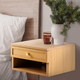JONATHAN Y NST2000B Celerie 15.71" Mid-Century Modern Floating Wall Mounted Nightstand with Soft-Close Rattan Drawer and Cable Hole, Light Oak