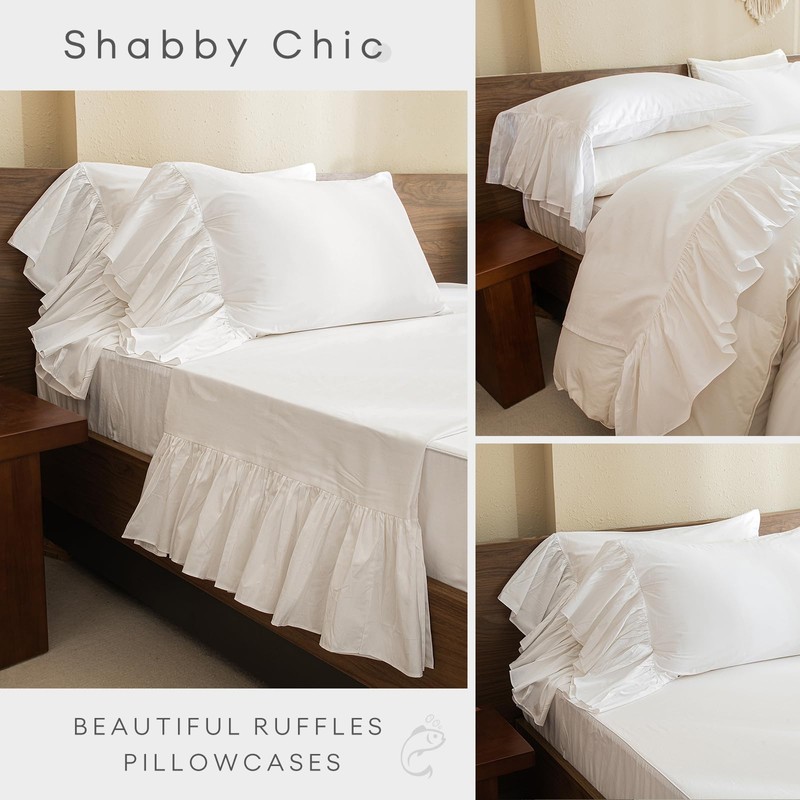 Queen's House White Ruffles Bed Sheets Set Cotton Queen Size