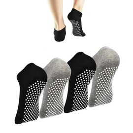 Calcetines Yoga para Mujeres y Hombres, 4 Pares Calcetas Pilates Antiderrapantes, Zapatos de Yoga para Ejercicios, Calcetines para Trampolín con Adulto, Socks para Ballet, Descalzo-2*Negro+2* Gris-L