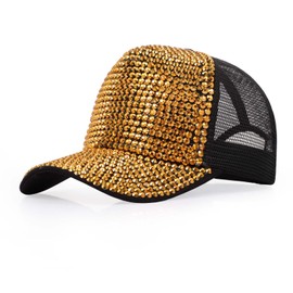 Women Men Studded Rhinestone Baseball Cap Adjustable Bling Ponytail Mesh Sun Hat Casual Sports, Gold, One Size
