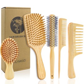 HEYMKGO Juego de 5 cepillos para el cabello, cepillo desenredante de bambú natural para mujeres y hombres, cepillo redondo, peine de dientes anchos y cola con 2 tamaños de cepillo, reduce el encrespamiento, viaje y kit de cuidado del cabello familiar