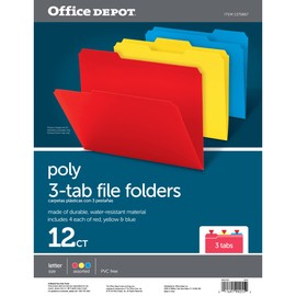 Office Depot® Brand Poly File Folders, Letter Size, 1/3 Cut, Assorted Colors, Pack Of 12