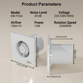 EINTTAX 4 Inch Bathroom Exhaust Fan, 130m³/h Quiet Ventilation Extractor with Check Valve, Wall/Window Mount Bathroom Exhaust Fan for Kitchen, Garage, Office, Shop, 12W, 34 dB, White