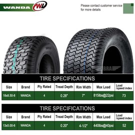 WANDA Set 4 Lawn Mower Turf Tires 13x5-6 Front & 18x8.5-8 Rear /4PR -13106/13028