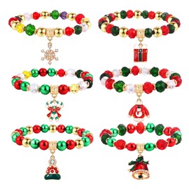 boderier 6 Pack Christmas Beaded Bracelet Set Snowflake Jingle Bell Charm Bracelet Xmas Holiday Costume Beaded Stretch Bracelet for Women Party Gifts