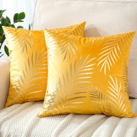 JOTOM Set of 2 Cushion Covers Velvet Decor Throw Pillow Covers Gold Leaves Decorative Pillow Cases Bronzing Flannelette Cushion Cover for Couch Bedroom Sofa Car Home Living Room Decor 50x50cm (Yellow)