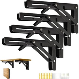Folding Shelf Brackets, 4pcs 14” Folding Shelf Brackets Heavy Duty Stainless Steel Max. Load 550lb Collapsible DIY Wall Mounted Shelf Bracket Space Saving for Table, Work Bench, Black 14Inch