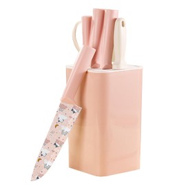 HALEMUVI Kitchen Knife Set with Block, 7 Pieces Cute Kitchen Knife Set with Scissors and Sharpener, Non-Stick Stainless Steel Sharp Kitchen Knife Block Set (Pink)