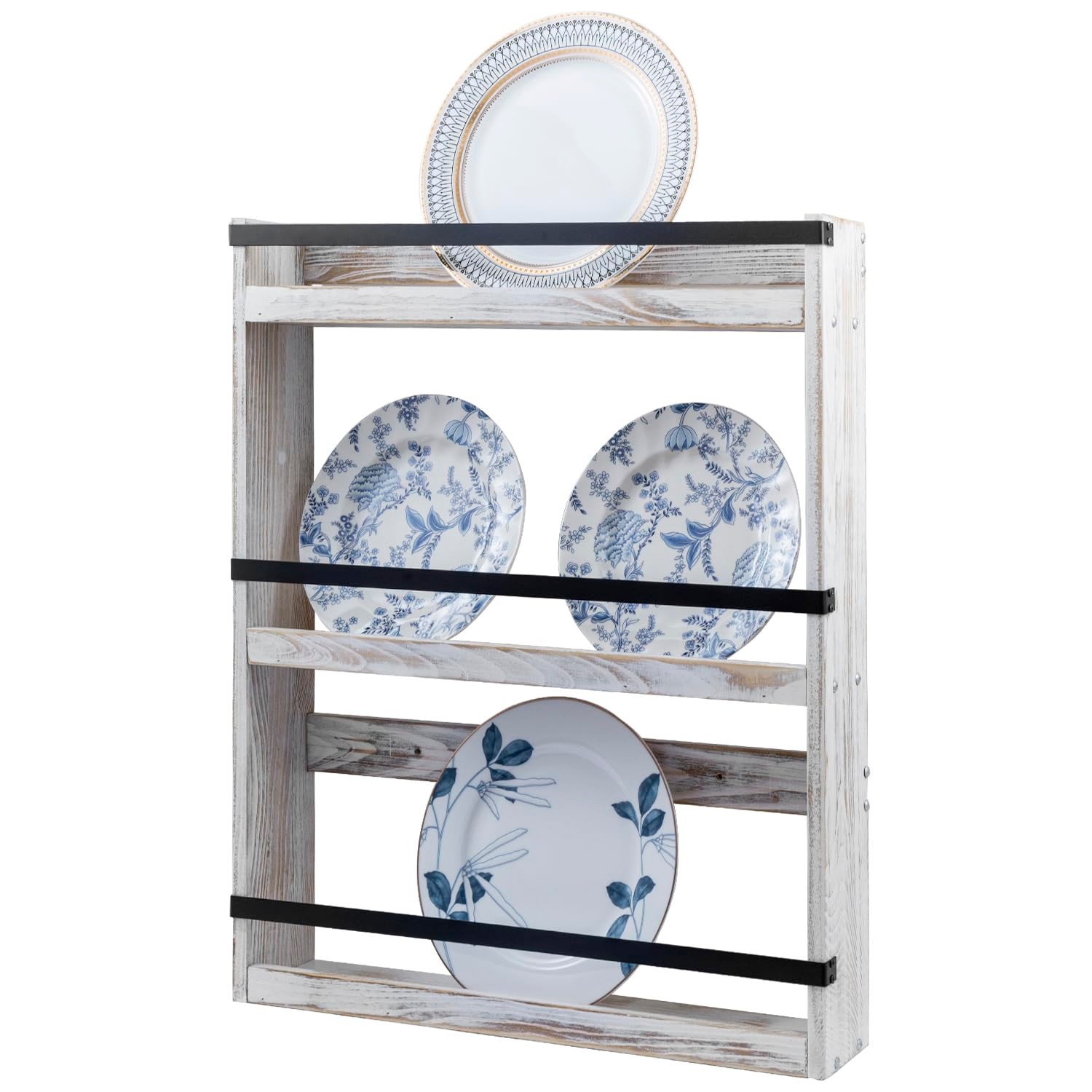 MyGift Wall Plate Display Rack, 3 Tier Farmhouse Whitewashed Wood Wall ...