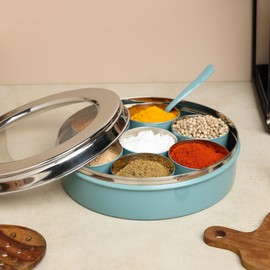 dudki Homes Stainless Steel Masala Dabba Masaladani | Spice Box For Kitchen | Masala Dani With See Through Lid With 7 Containers And A Small Spoon- Moss-Green, Blue-Green