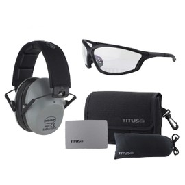 Titus 2 Series - 34 NRR Slim-Line Hearing Protection & G26 Competition Z87.1 Safety Glasses Combos (Grey, Clear)