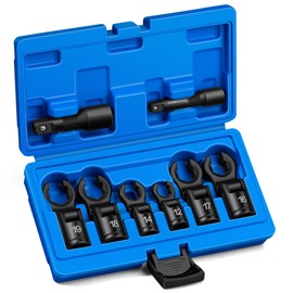 YSSNIUTOOL 8pc 3/8" and 1/2" Flex Head Crows Flare Nut Wrench Socket Foot Line Wrench kit Set Flex Injector Fuel Line Crowfoot Flare Nut Wrench Size 12 14 16 17 18 19 mm Extension Bar