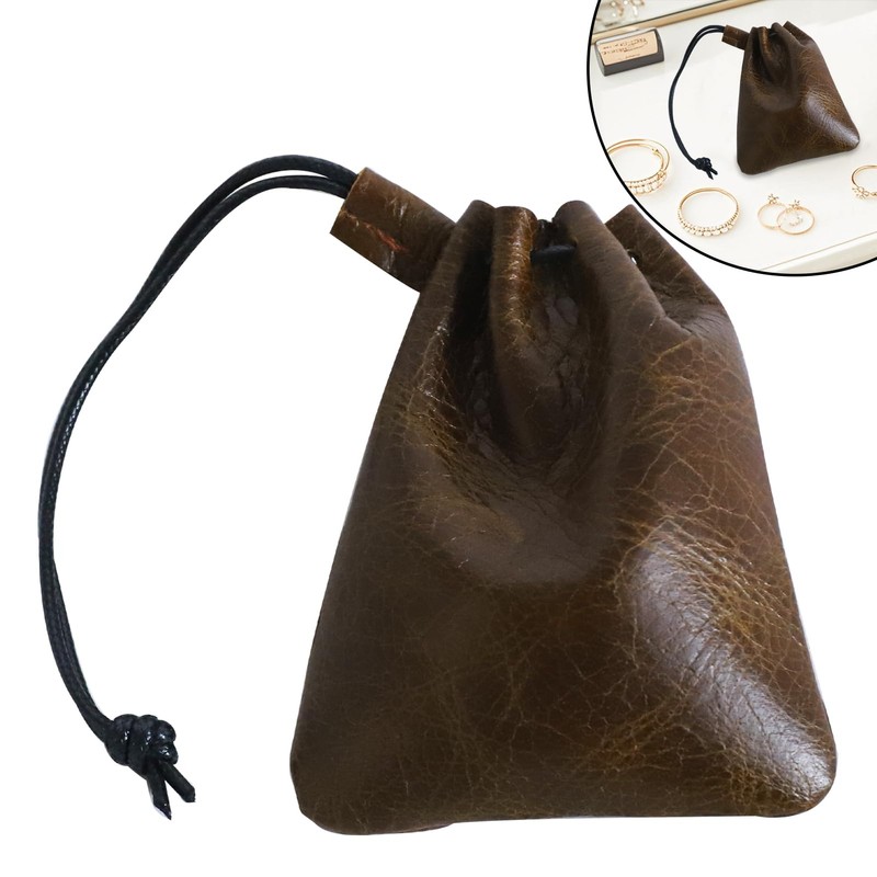 CZXCV Cowhide Leather Drawstring Pouch, Secure Small Leather Coin Purse