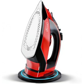 OMAIGA Cordless Iron for Clothes, 1500W Wireless Steam Iron with Ceramic Soleplate, 360 Degree Power Base, Auto Shut Off, Self-Clean, Anti-Calc, 3 Temperature Settings, 11.84oz Water Tank, Red