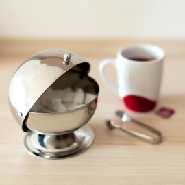 Relaxdays Zuckerdose SWEETY aus Edelstahl 14 x 13 x 13 cm HxBxT, Zuckerkugel mit Rolldeckel, runde Bonbon-Dose, silber