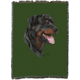 Pure Country Weavers Rottweiler Dog Woven Blanket Green by Robert May - Gift Cotton Tapestry Throw - Made in The USA - 72" x 54"