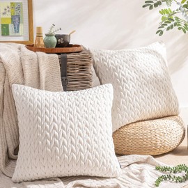 Phantoscope Velvet Pleated Cushion Cover, Scandinavian Style, 2 Pieces, Stylish, Elastic, Quilting, Sofa Backrest, Room Decoration, Body Pillow, Solid Color, 2-Way, White, 17.7 x 17.7 inches (45 x 45