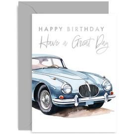Old English Co. Traditional Birthday Card for Him - Classic Blue Sports Car Card - Male Birthday Card for Son, Brother, Husband, Dad - Classic Motor Car Birthday Wishes Card for Men | Blank Inside