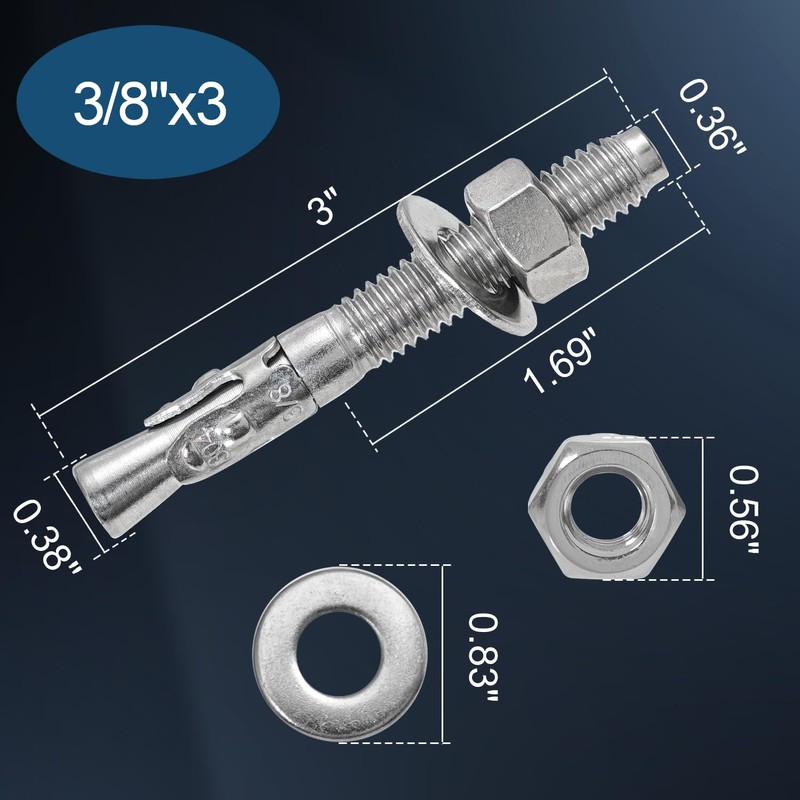 3/8"x 3" Concrete Anchor Bolts,5PCS 304 Stainless Steel Wedge Anchors